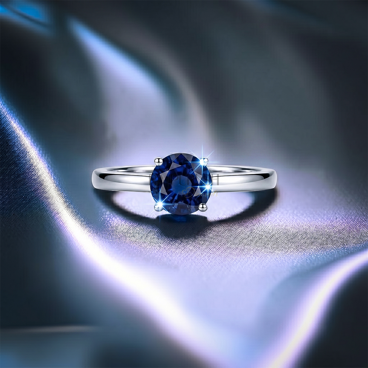 Brilliant Cut Sapphire Ring, 1CT Round deep blue sapphire solitaire ring in Sterling Silver.