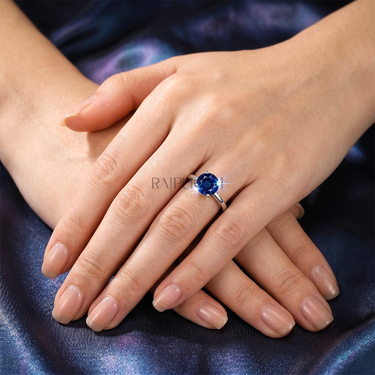 Brilliant Cut Sapphire Ring, 1CT Round deep blue sapphire solitaire ring in Sterling Silver.