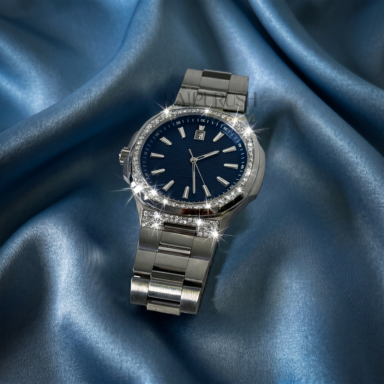 Men's luxury iced out watch featuring brilliant round-cut moissanite stones set in rhodium-plated stainless steel.