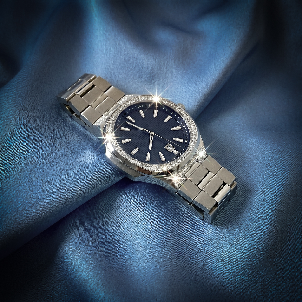 Men's luxury iced out watch featuring brilliant round-cut moissanite stones set in rhodium-plated stainless steel.