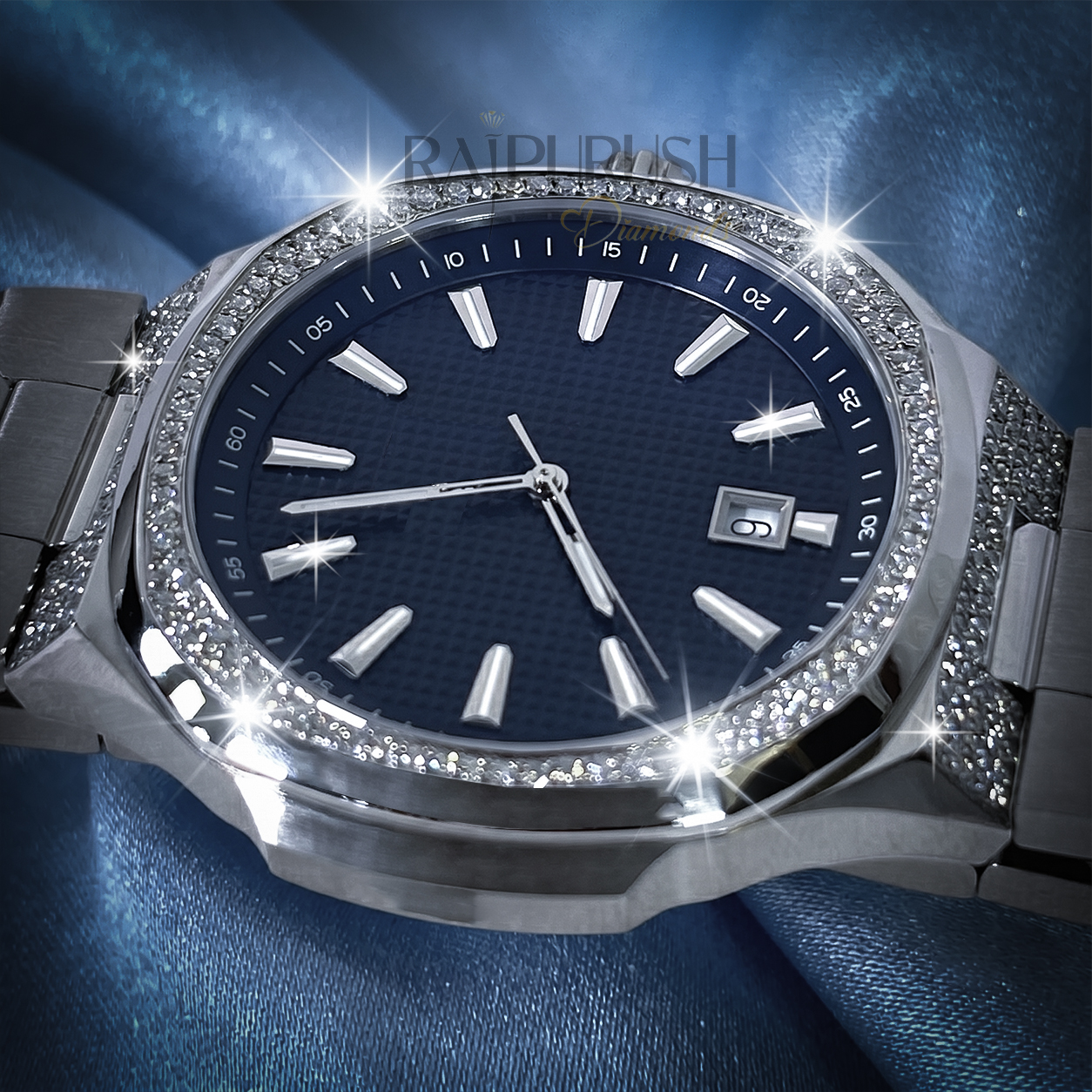 Men's luxury iced out watch featuring brilliant round-cut moissanite stones set in rhodium-plated stainless steel.