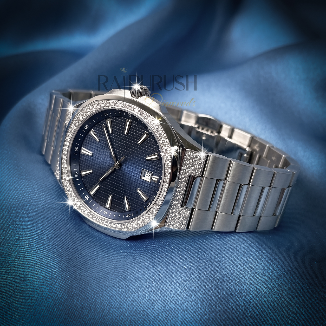 Men's luxury iced out watch featuring brilliant round-cut moissanite stones set in rhodium-plated stainless steel.