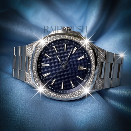 Men's luxury iced out watch featuring brilliant round-cut moissanite stones set in rhodium-plated stainless steel.