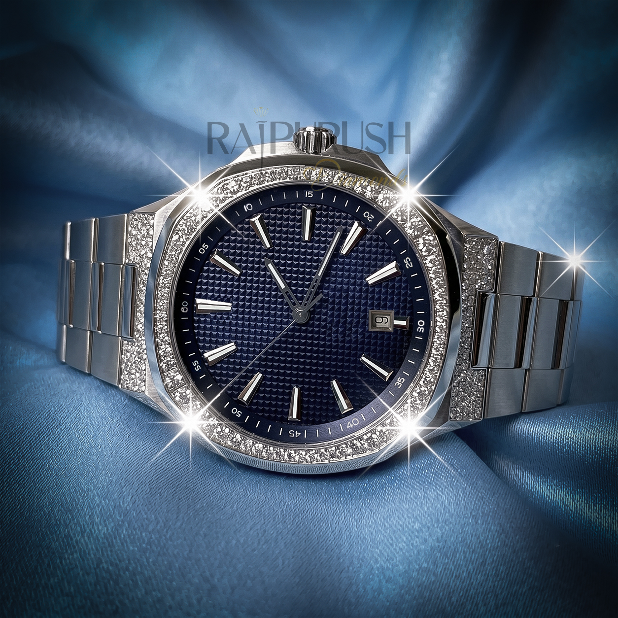 Men's luxury iced out watch featuring brilliant round-cut moissanite stones set in rhodium-plated stainless steel.