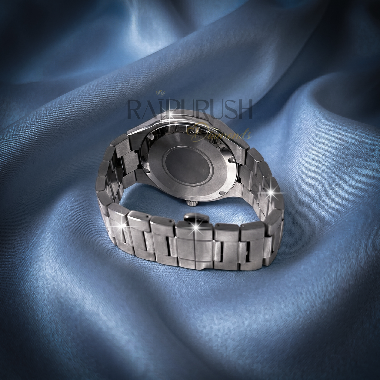 Men's luxury iced out watch featuring brilliant round-cut moissanite stones set in rhodium-plated stainless steel.