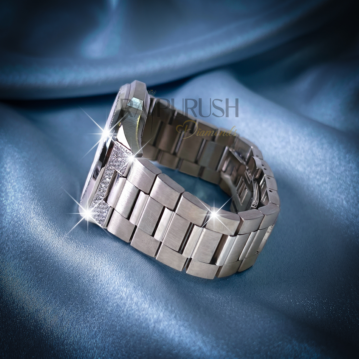 Men's luxury iced out watch featuring brilliant round-cut moissanite stones set in rhodium-plated stainless steel.