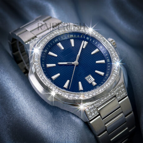 Men's luxury iced out watch featuring brilliant round-cut moissanite stones set in rhodium-plated stainless steel.
