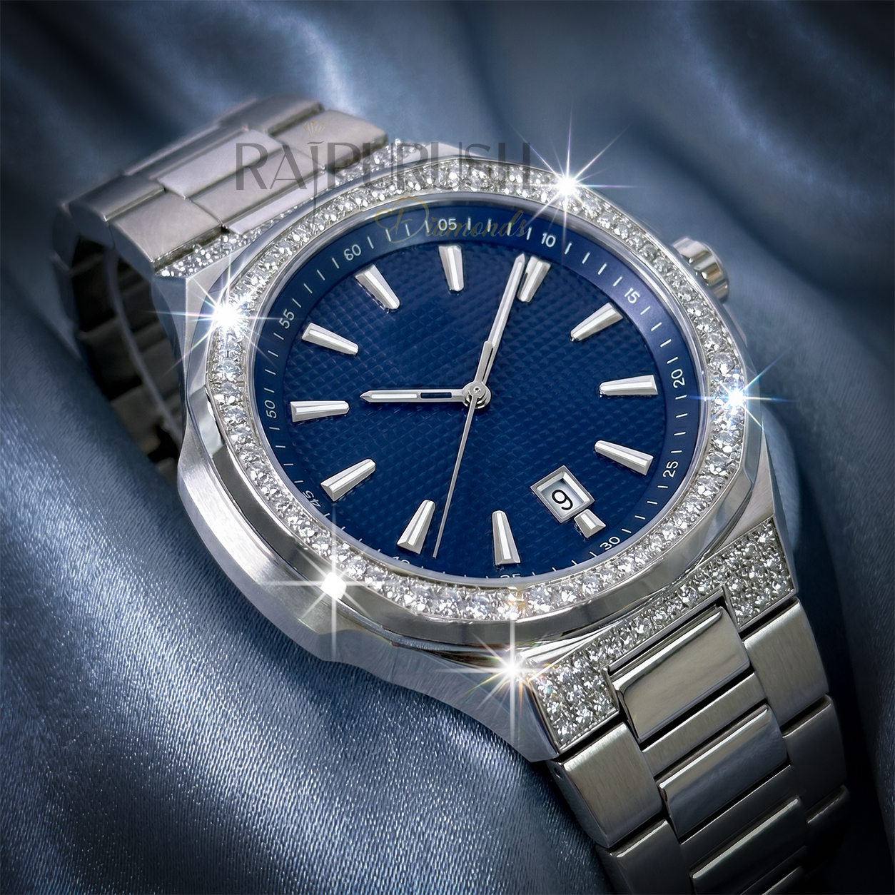 Men's luxury iced out watch featuring brilliant round-cut moissanite stones set in rhodium-plated stainless steel.