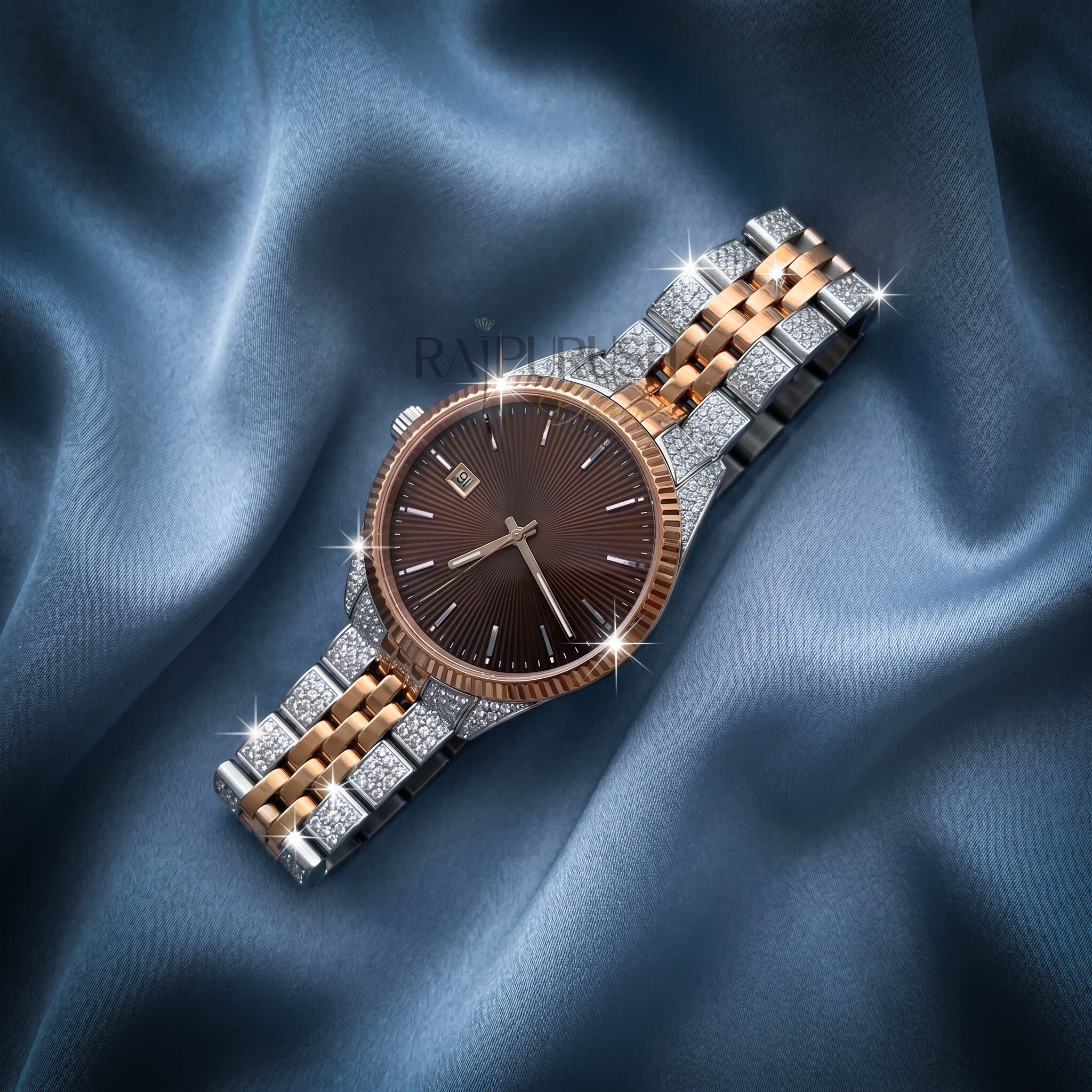 Men's luxury iced out watch featuring round moissanite stones set in rose gold plated stainless steel with a rhodium-plated finish.