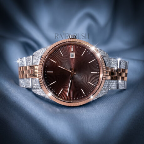 Men's luxury iced out watch featuring round moissanite stones set in rose gold plated stainless steel with a rhodium-plated finish.