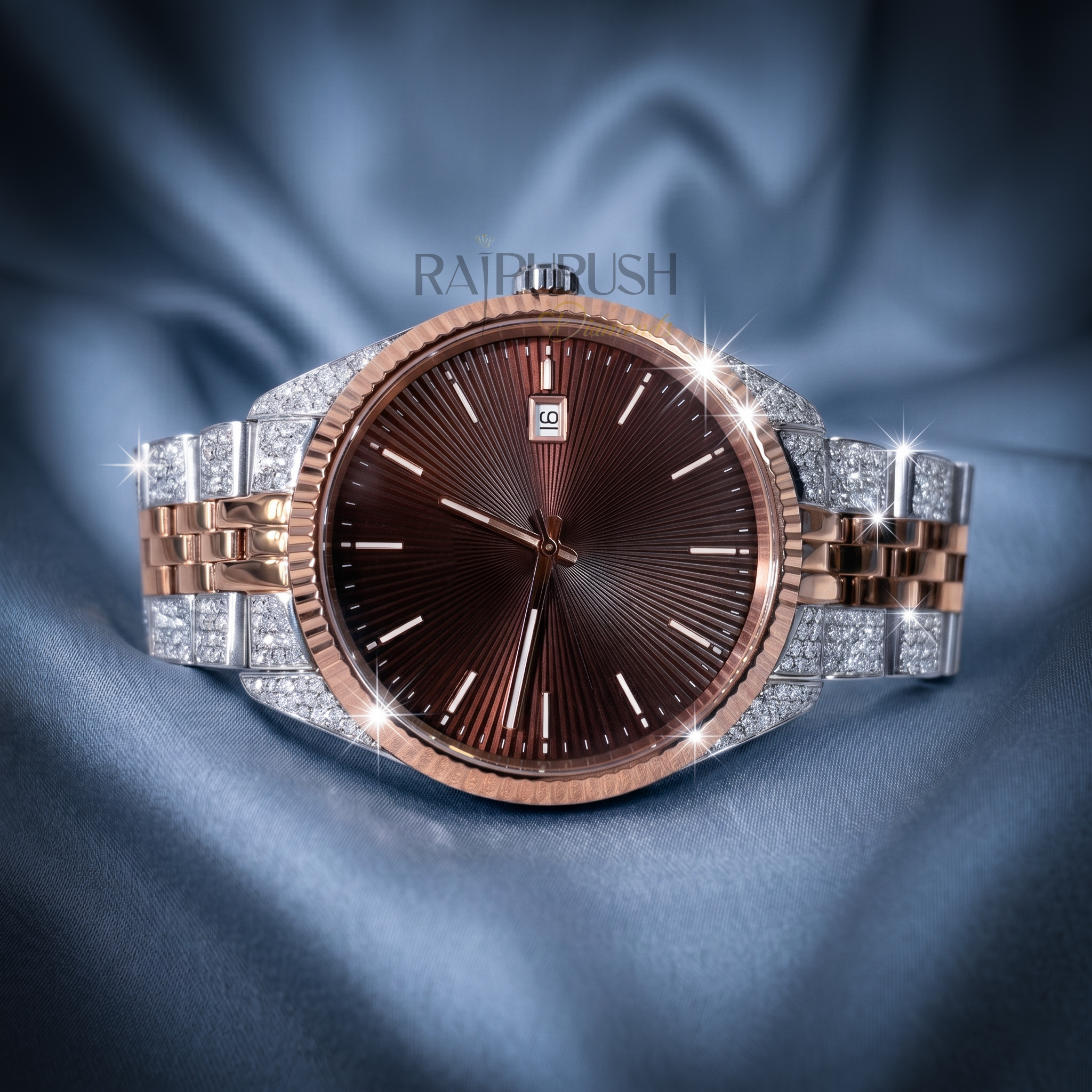 Men's luxury iced out watch featuring round moissanite stones set in rose gold plated stainless steel with a rhodium-plated finish.