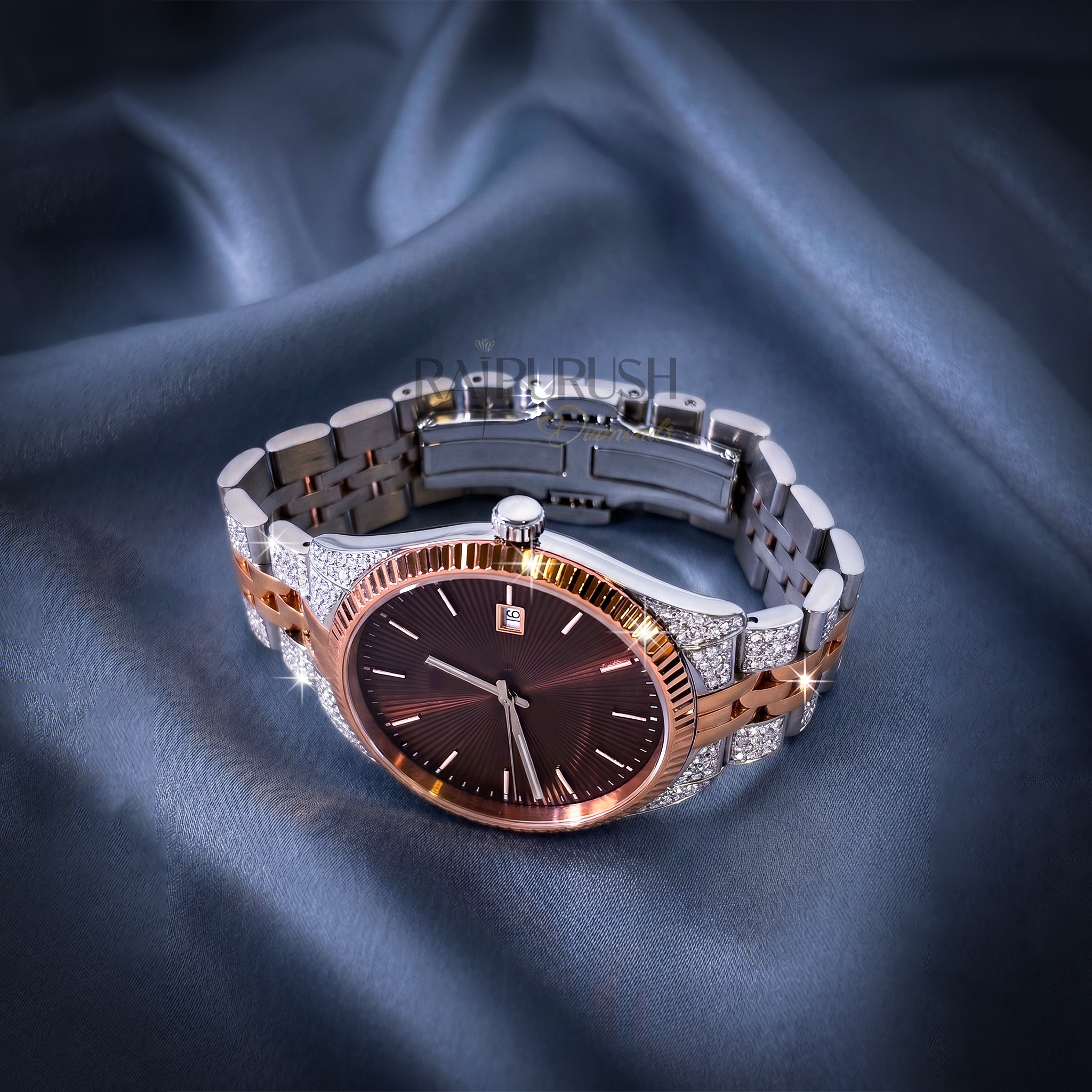 Men's luxury iced out watch featuring round moissanite stones set in rose gold plated stainless steel with a rhodium-plated finish.