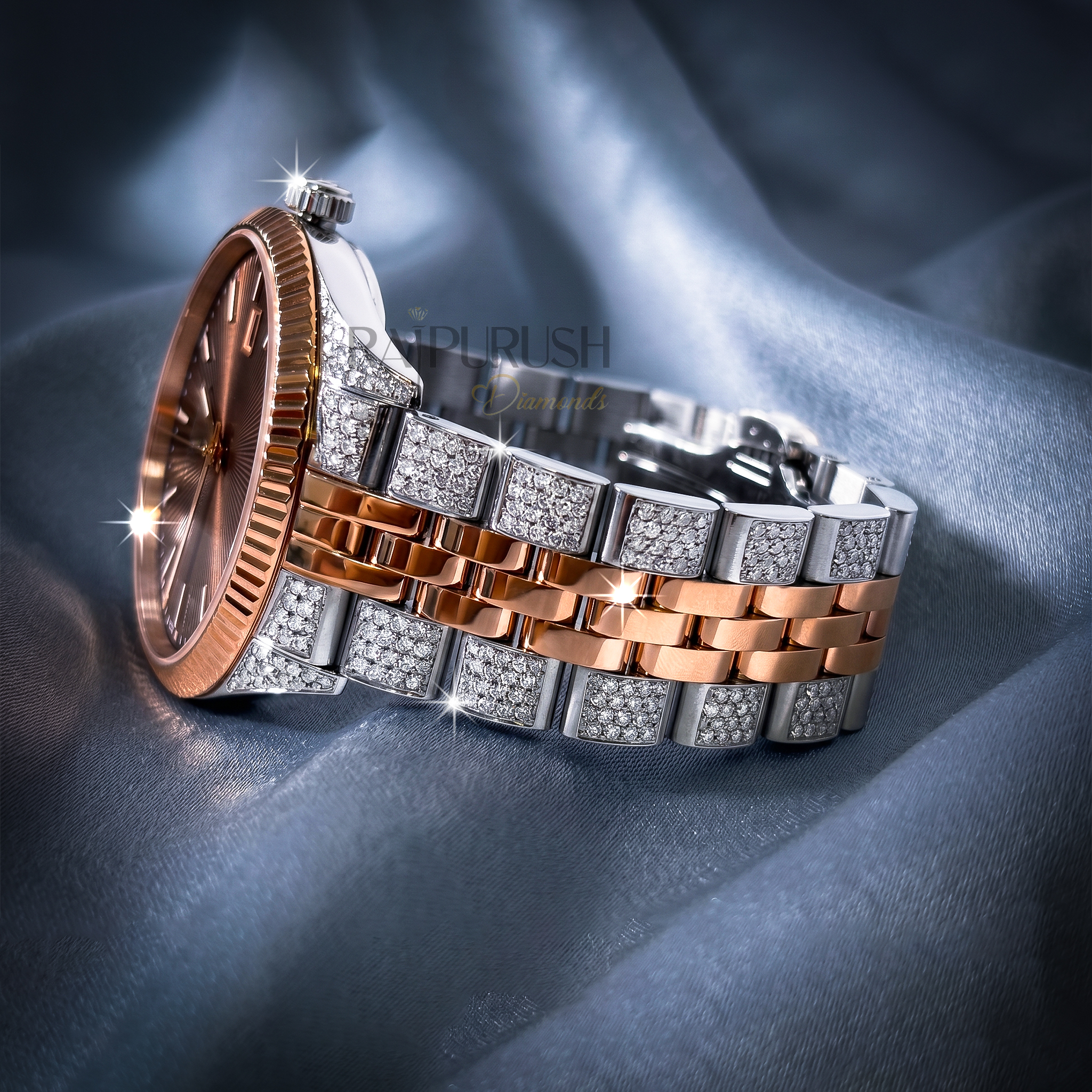 Men's luxury iced out watch featuring round moissanite stones set in rose gold plated stainless steel with a rhodium-plated finish.