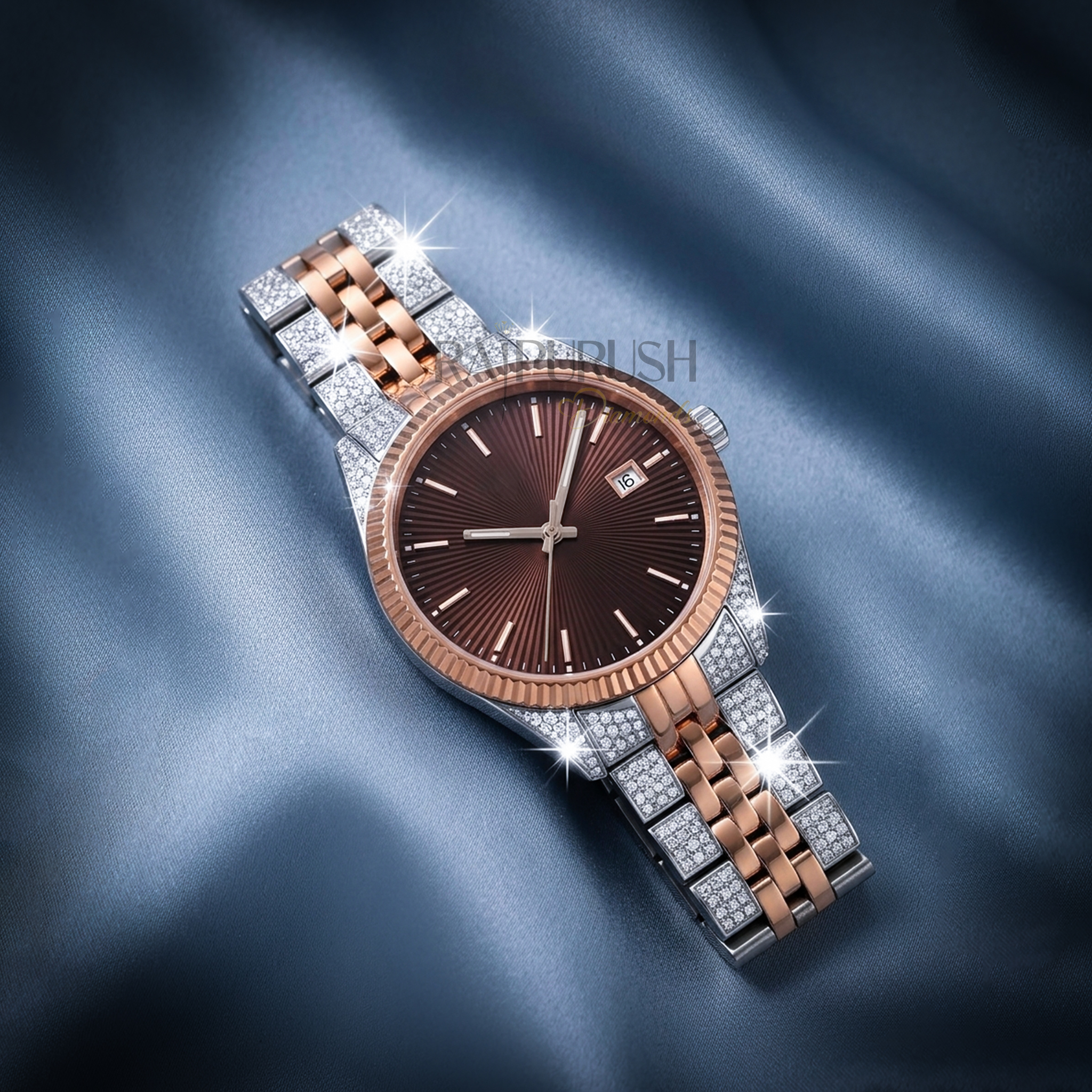 Men's luxury iced out watch featuring round moissanite stones set in rose gold plated stainless steel with a rhodium-plated finish.