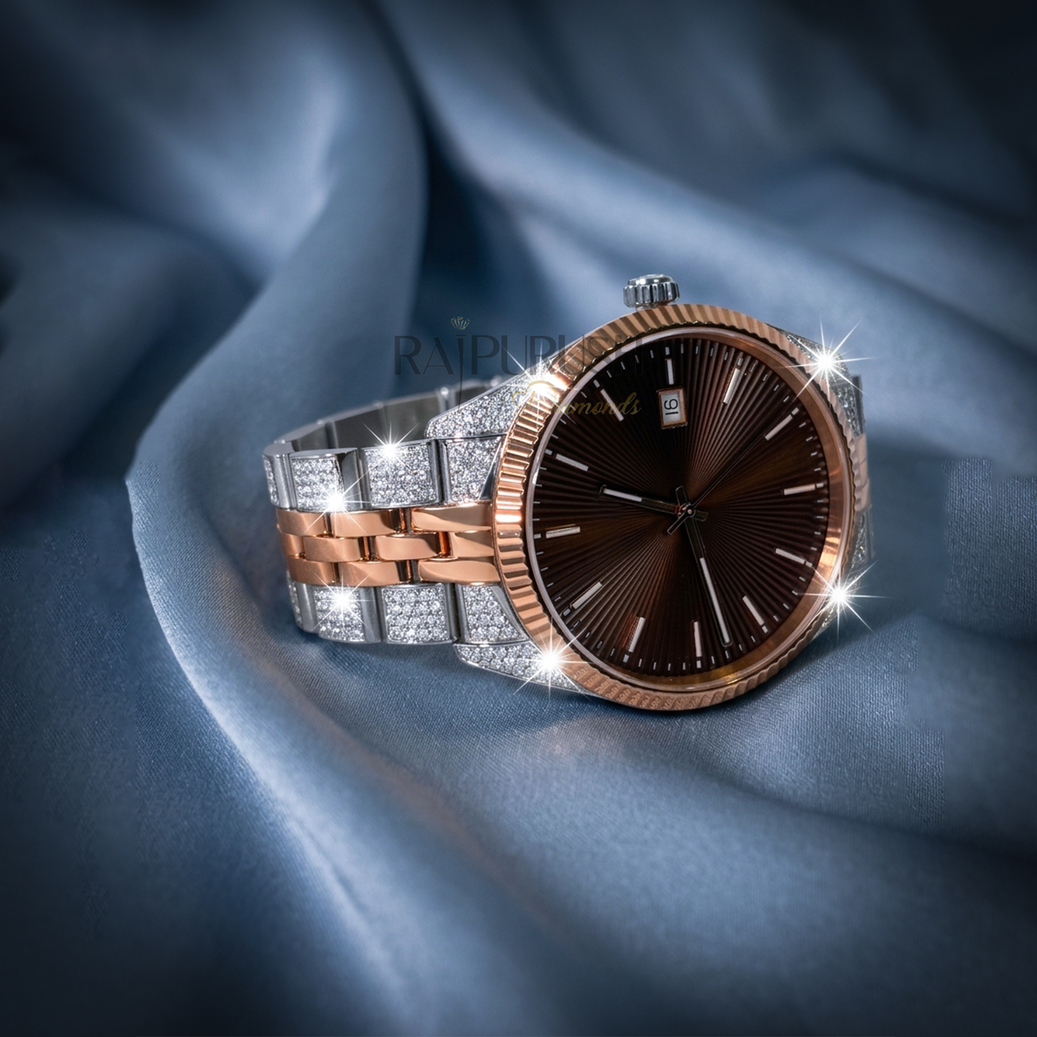 Men's luxury iced out watch featuring round moissanite stones set in rose gold plated stainless steel with a rhodium-plated finish.