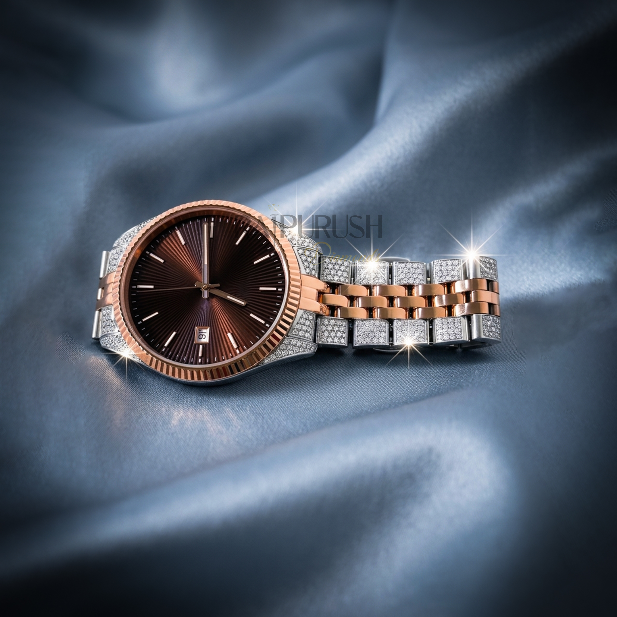 Men's luxury iced out watch featuring round moissanite stones set in rose gold plated stainless steel with a rhodium-plated finish.