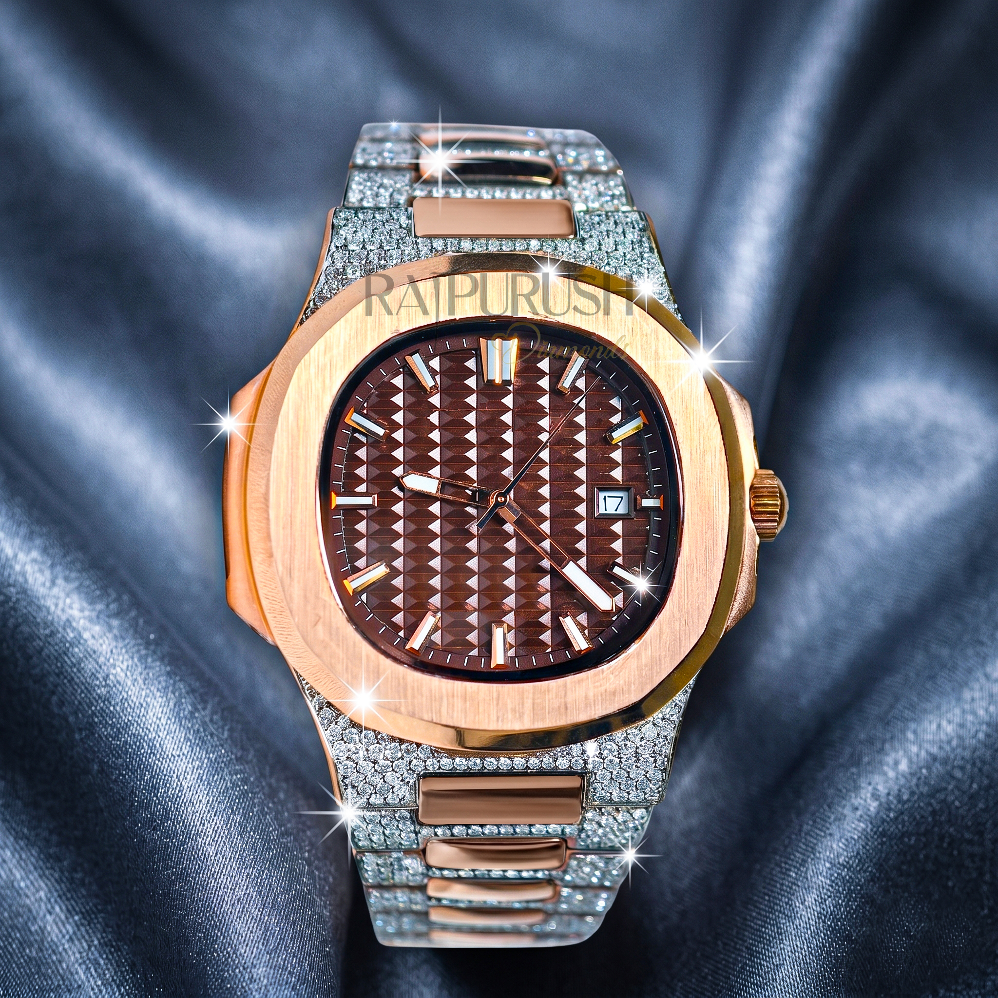 luxury two-tone iced-out watch with 14k rose gold plating and round moissanite diamonds on a stainless steel Watch
