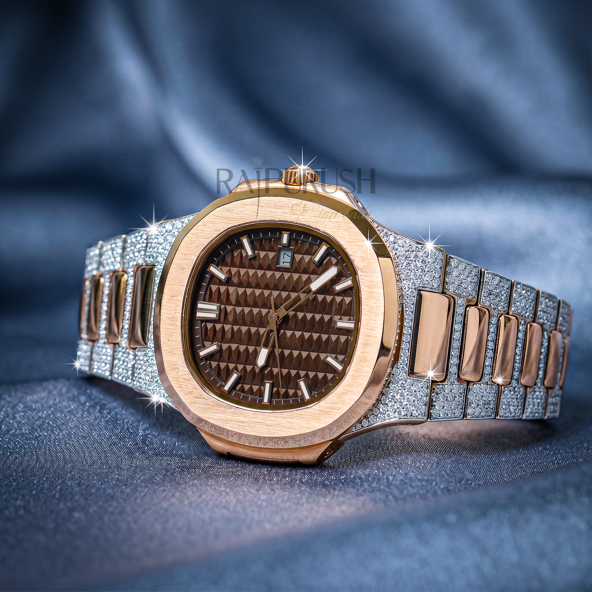luxury two-tone iced-out watch with 14k rose gold plating and round moissanite diamonds on a stainless steel Watch