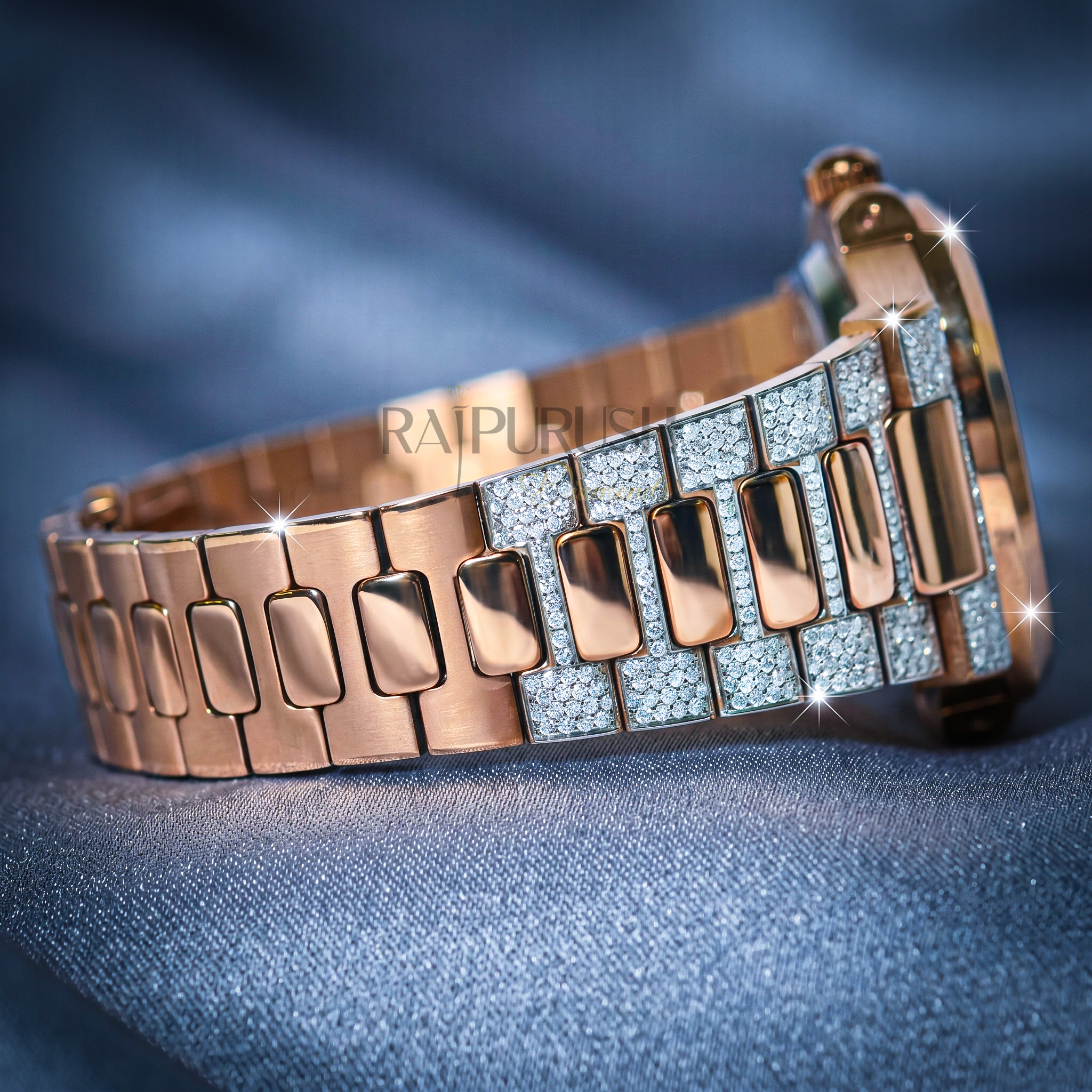 luxury two-tone iced-out watch with 14k rose gold plating and round moissanite diamonds on a stainless steel Watch