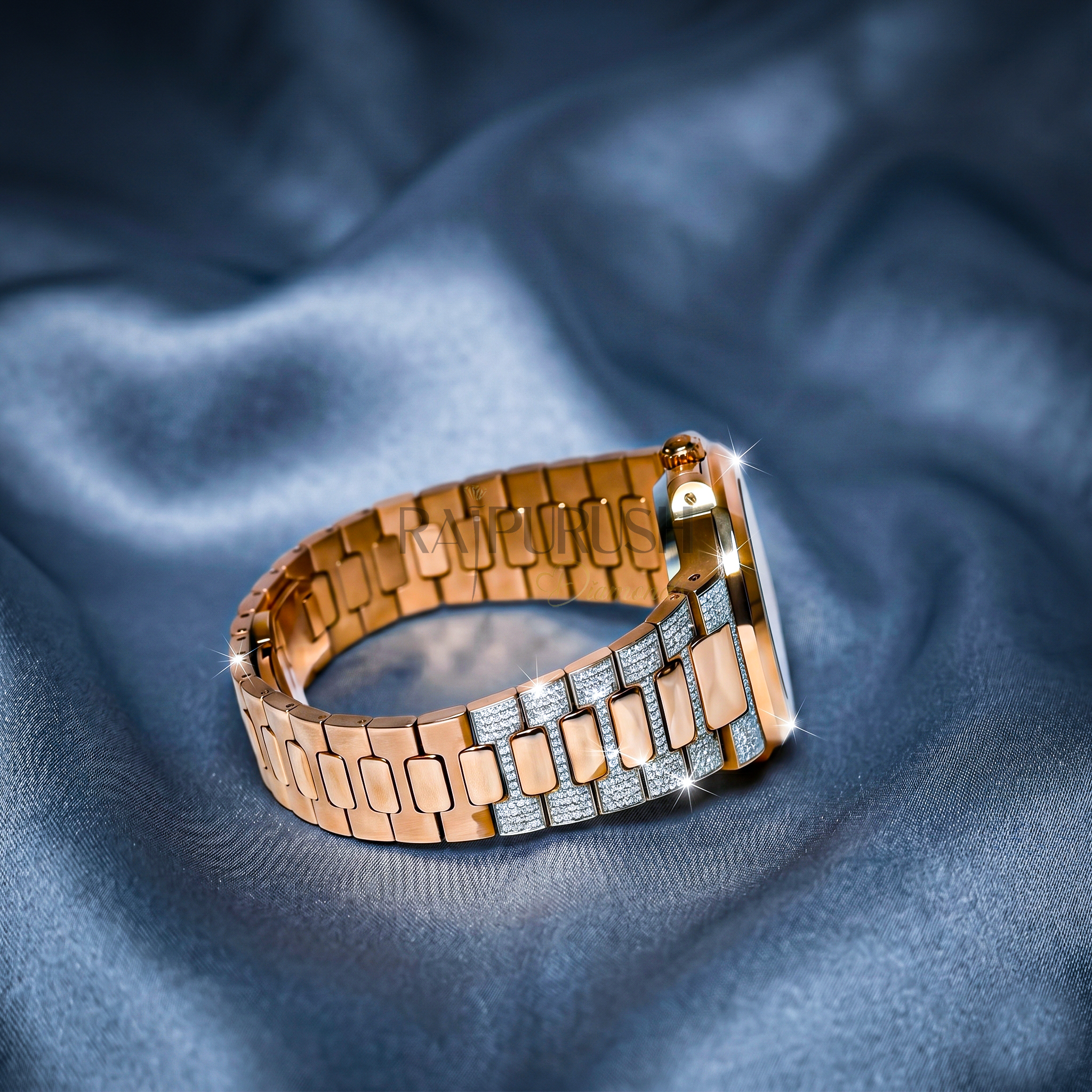 luxury two-tone iced-out watch with 14k rose gold plating and round moissanite diamonds on a stainless steel Watch