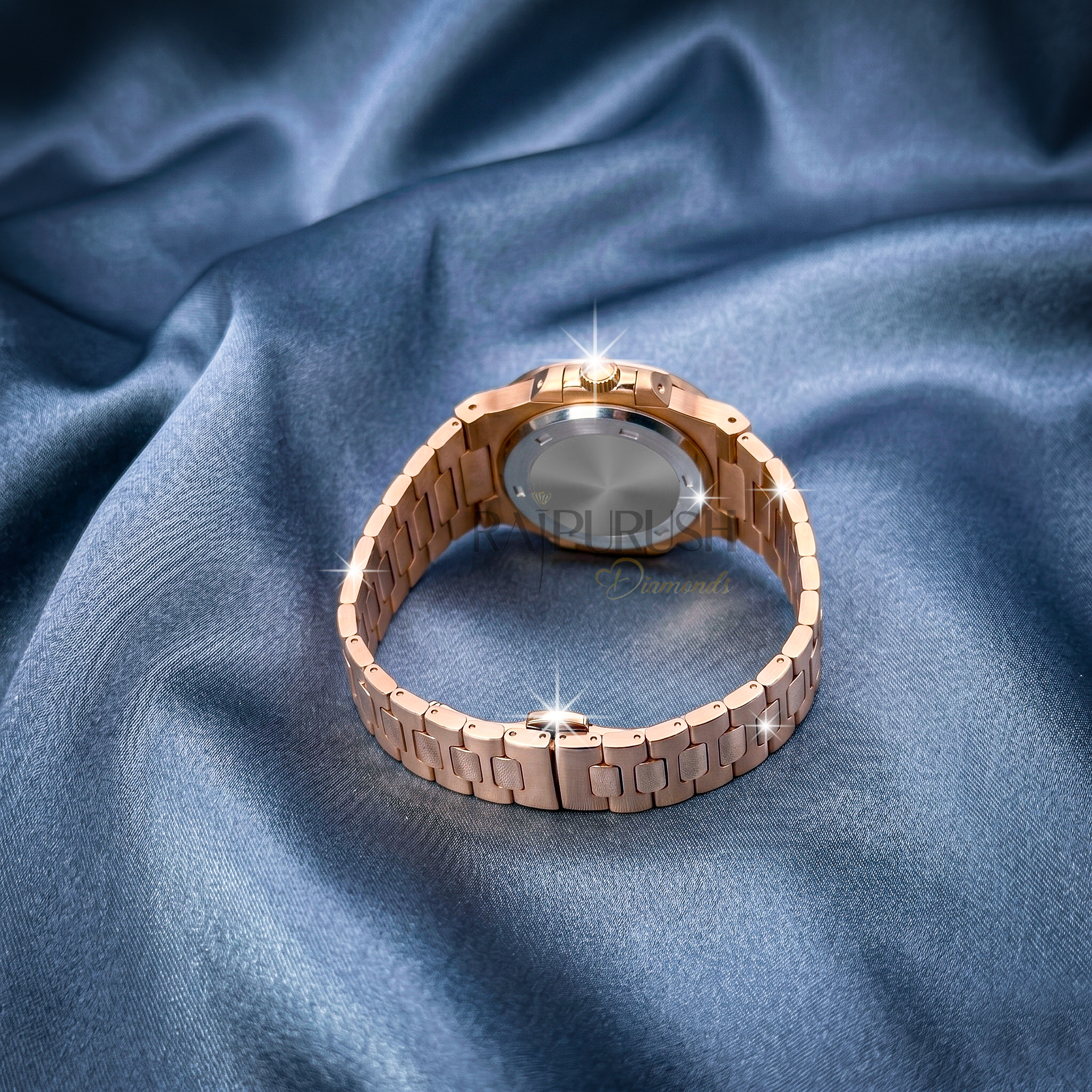luxury two-tone iced-out watch with 14k rose gold plating and round moissanite diamonds on a stainless steel Watch