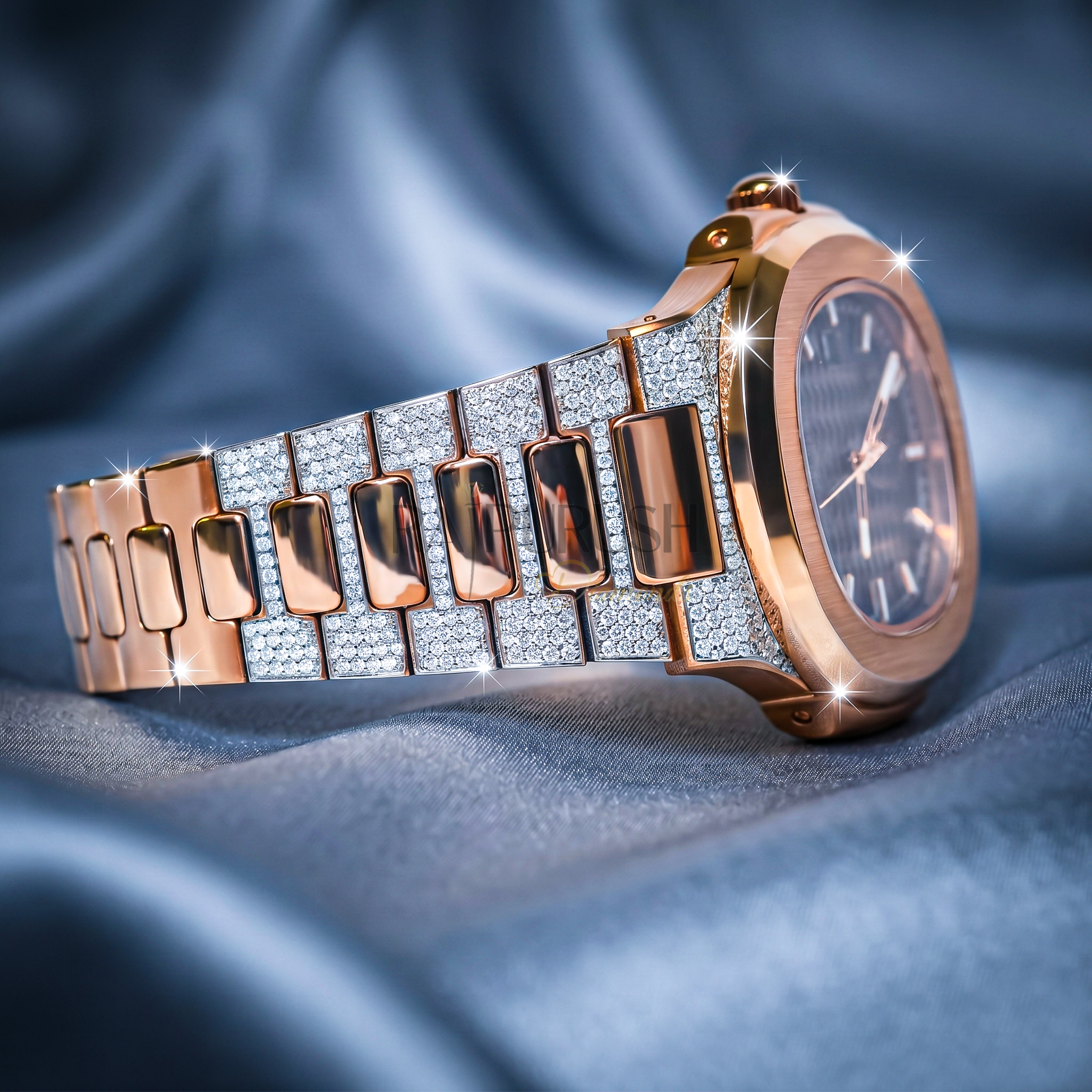 luxury two-tone iced-out watch with 14k rose gold plating and round moissanite diamonds on a stainless steel Watch