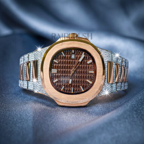 luxury two-tone iced-out watch with 14k rose gold plating and round moissanite diamonds on a stainless steel Watch
