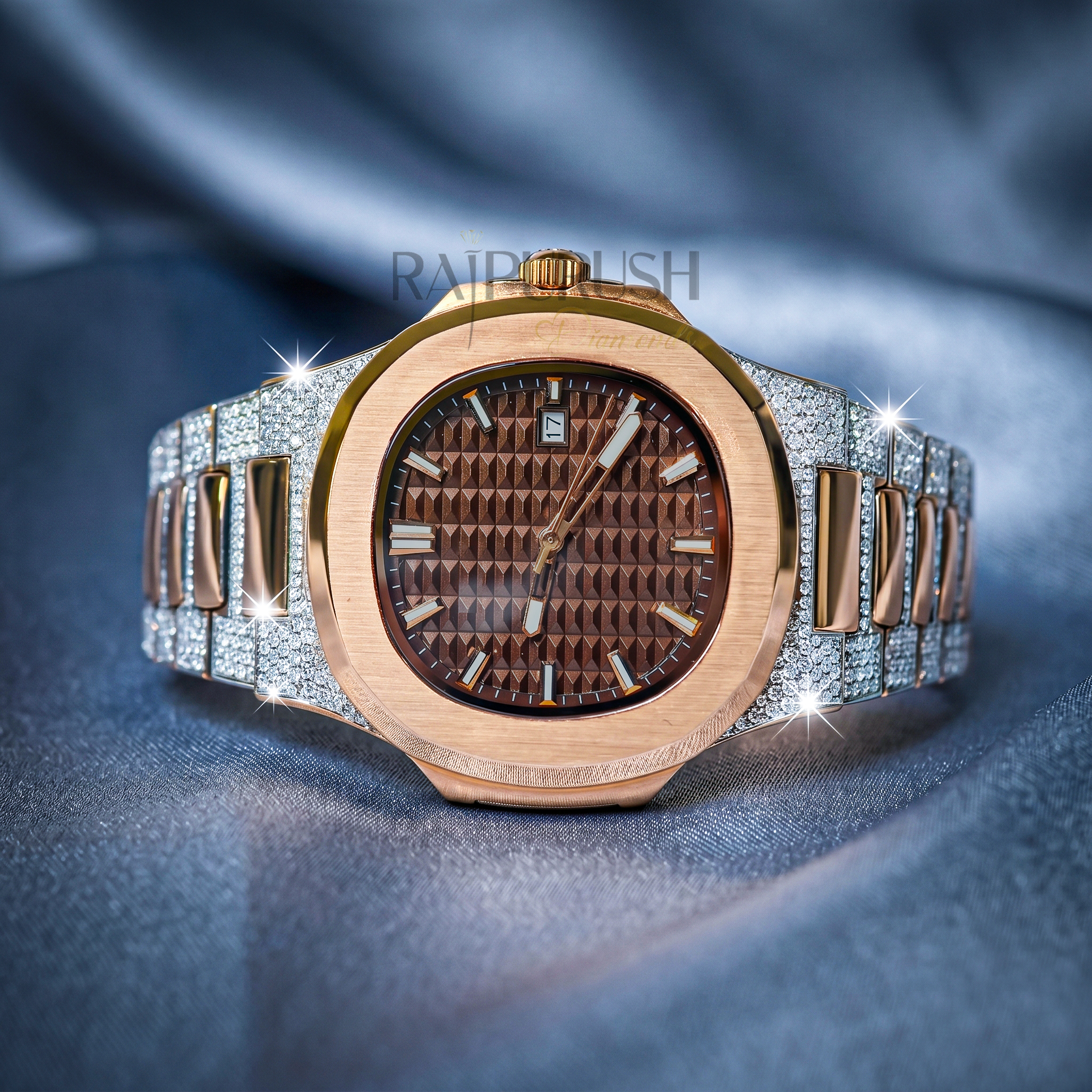 luxury two-tone iced-out watch with 14k rose gold plating and round moissanite diamonds on a stainless steel Watch