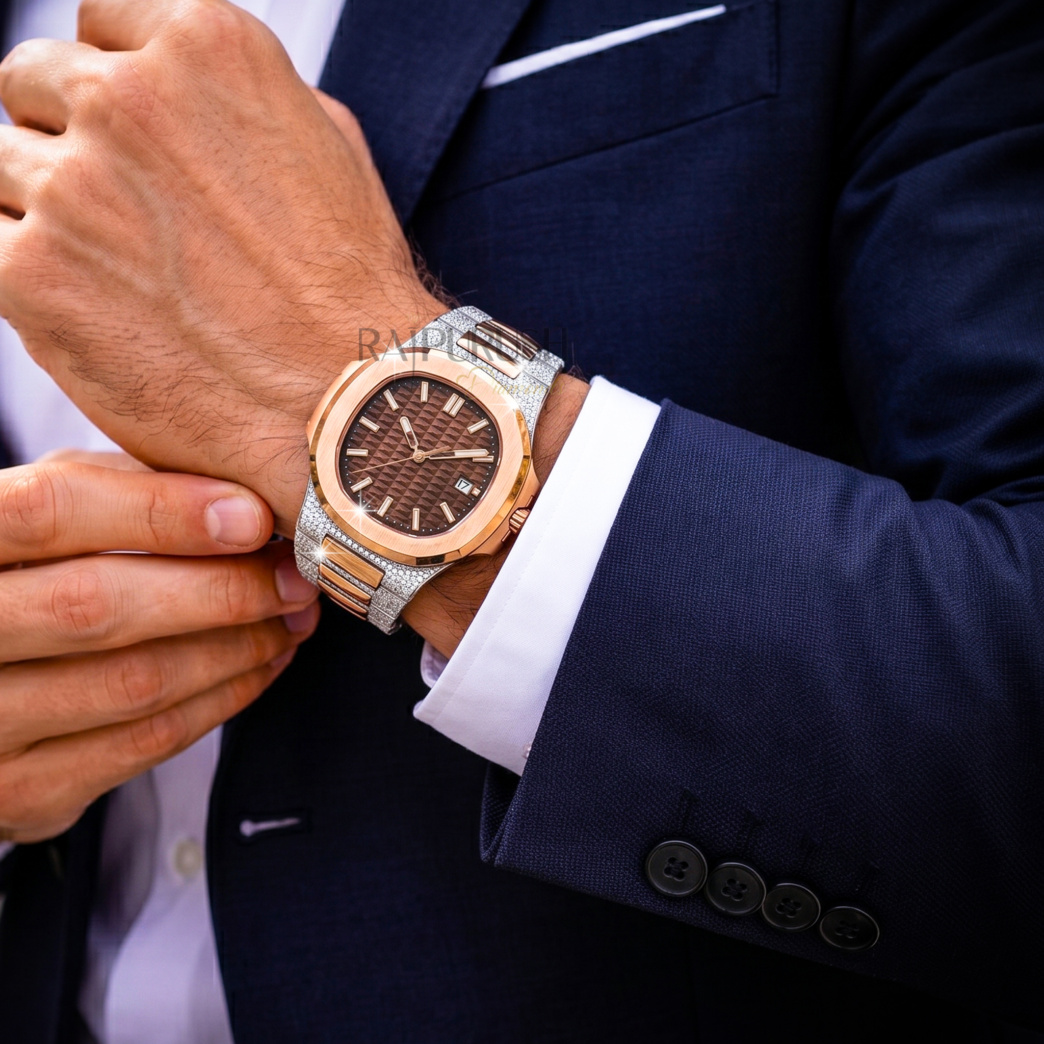 luxury two-tone iced-out watch with 14k rose gold plating and round moissanite diamonds on a stainless steel Watch