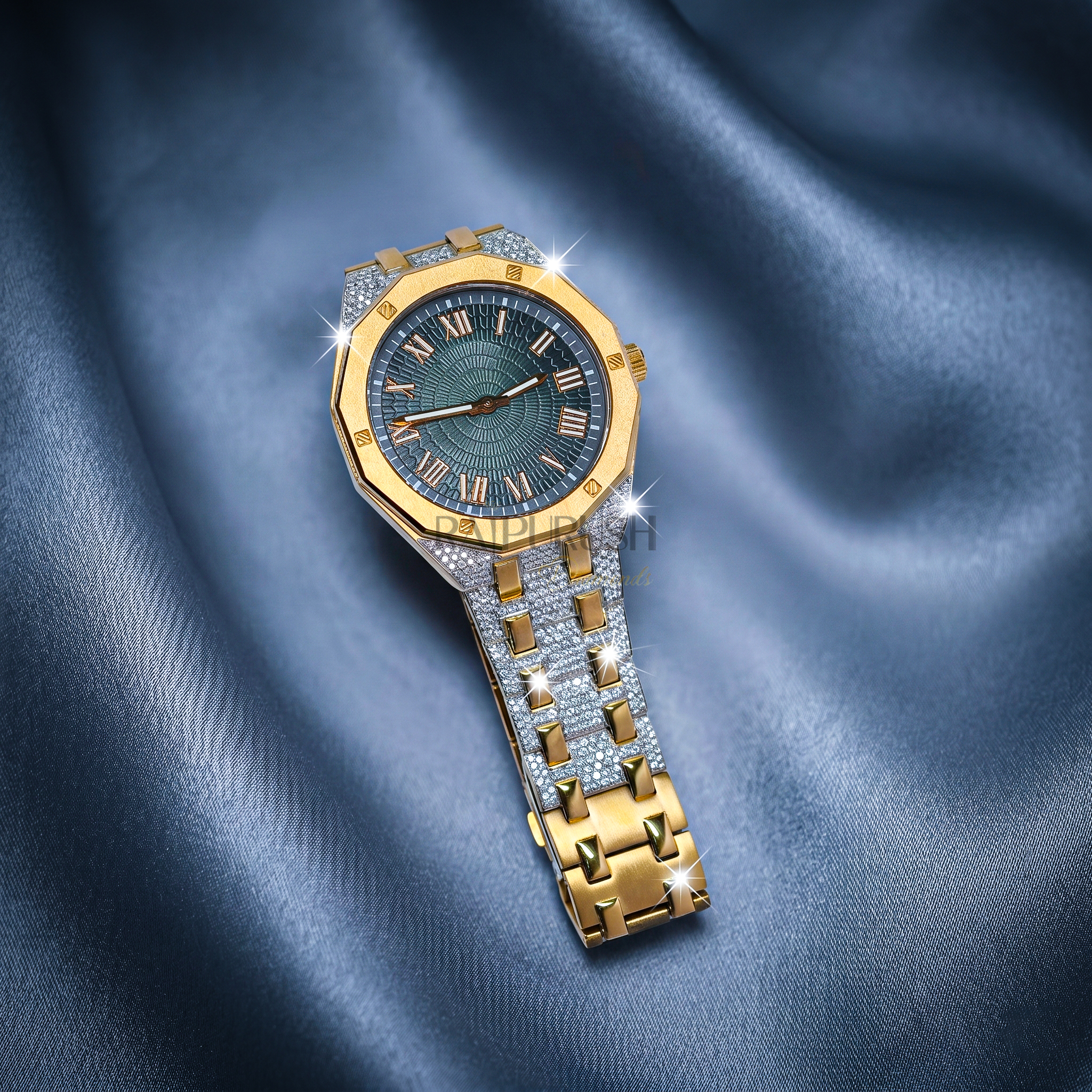 luxury two-tone iced-out watch featuring a vibrant green dial, 14k yellow gold accents, and moissanite stones on a stainless steel Watch