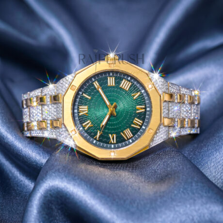 luxury two-tone iced-out watch featuring a vibrant green dial, 14k yellow gold accents, and moissanite stones on a stainless steel Watch