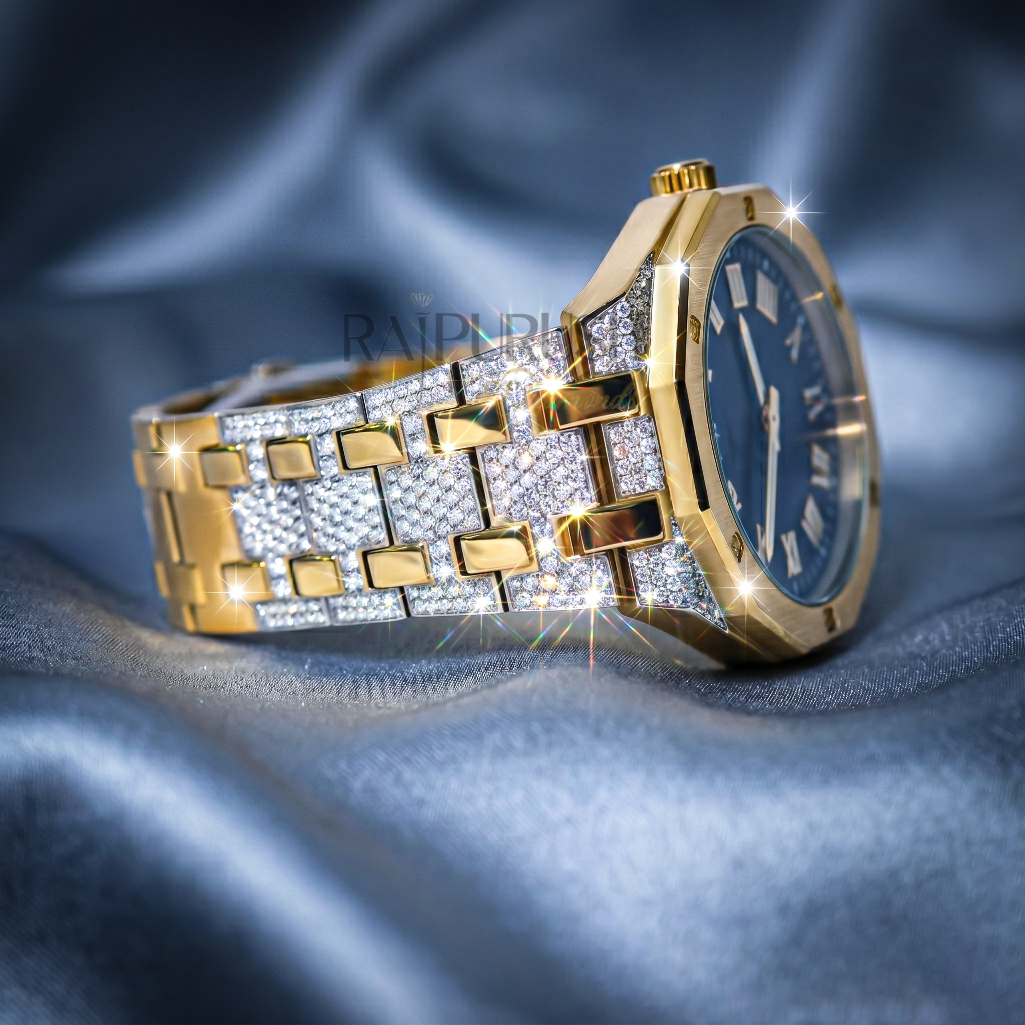 luxury two-tone iced-out watch featuring a vibrant green dial, 14k yellow gold accents, and moissanite stones on a stainless steel Watch