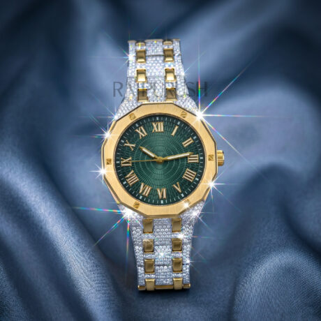 luxury two-tone iced-out watch featuring a vibrant green dial, 14k yellow gold accents, and moissanite stones on a stainless steel Watch