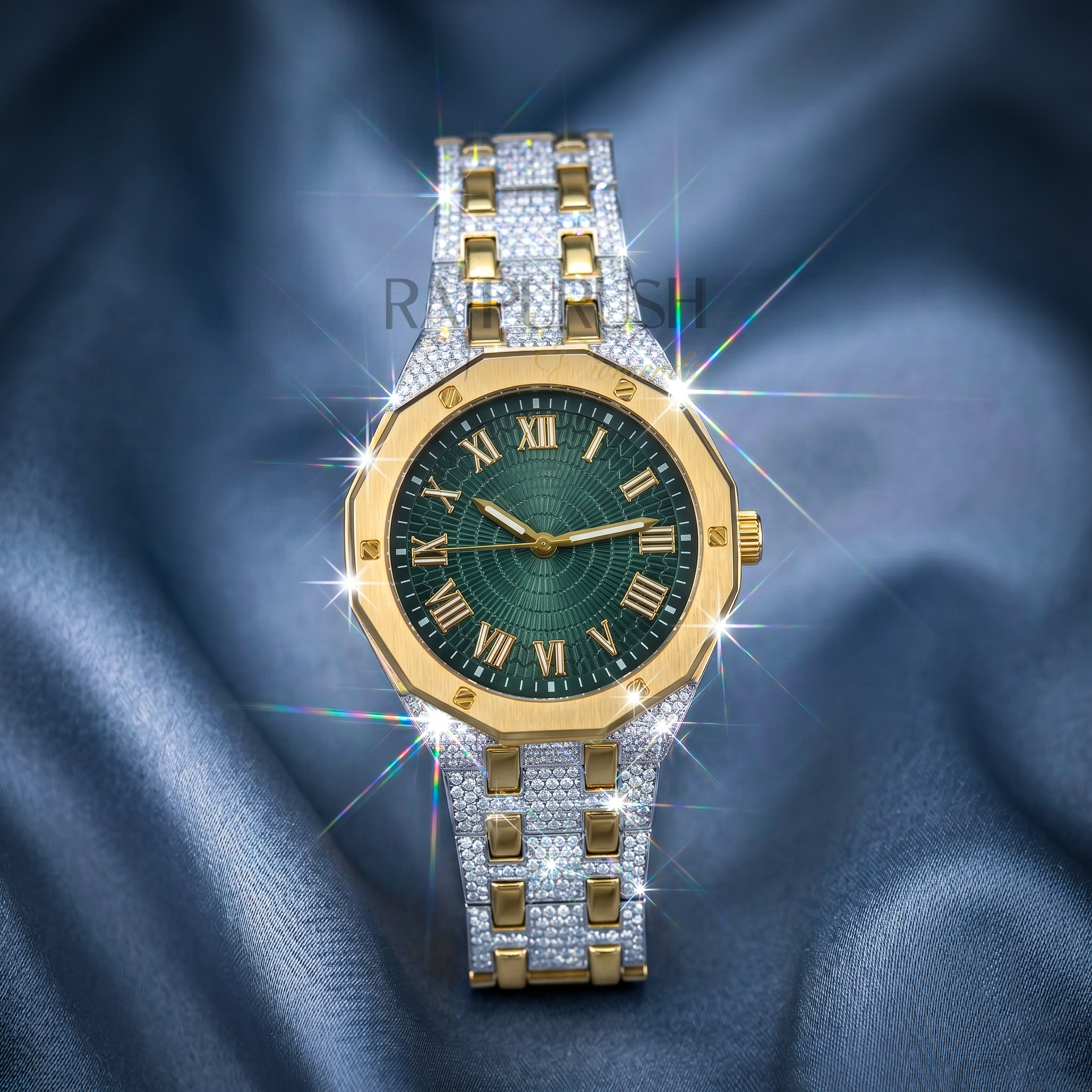 luxury two-tone iced-out watch featuring a vibrant green dial, 14k yellow gold accents, and moissanite stones on a stainless steel Watch