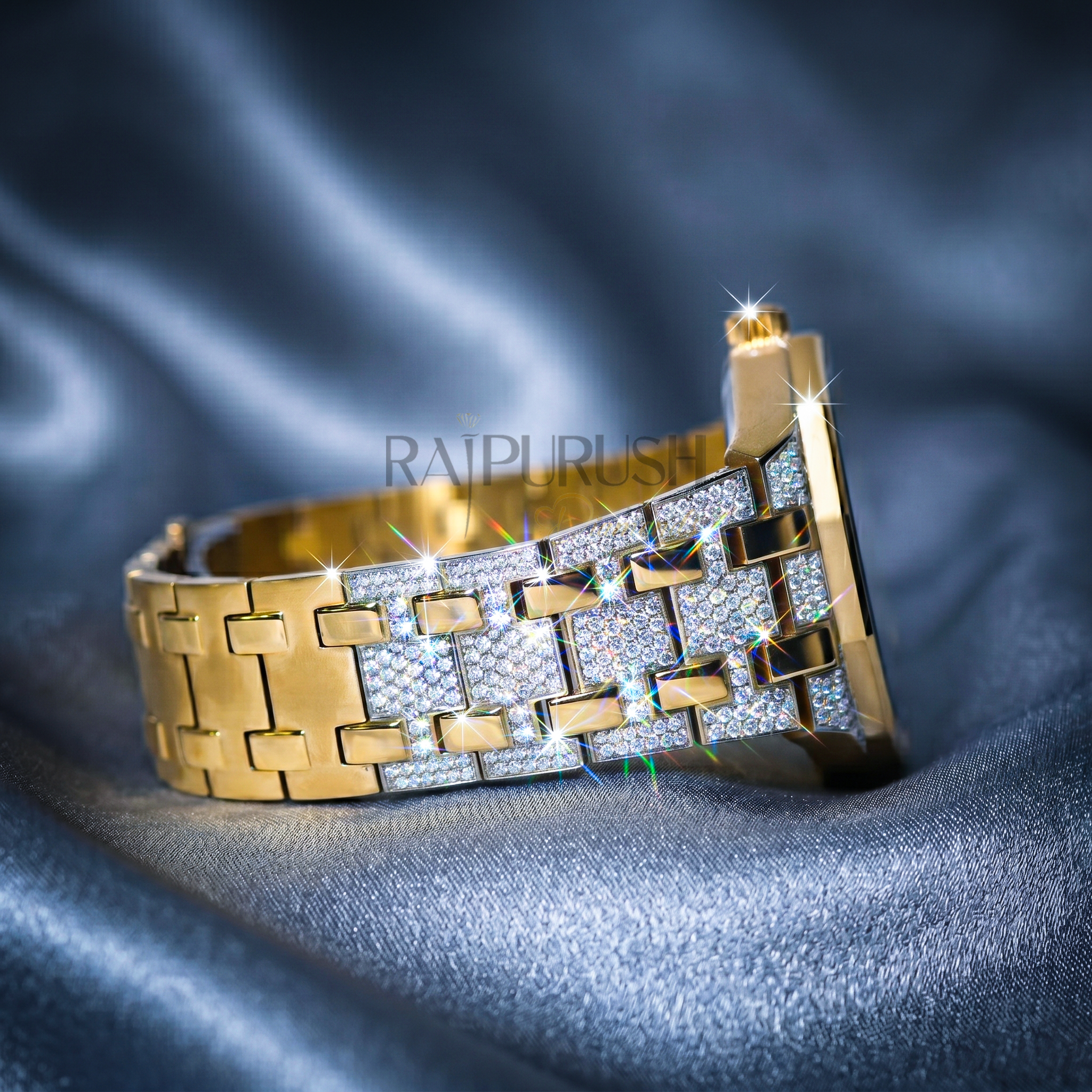 luxury two-tone iced-out watch featuring a vibrant green dial, 14k yellow gold accents, and moissanite stones on a stainless steel Watch