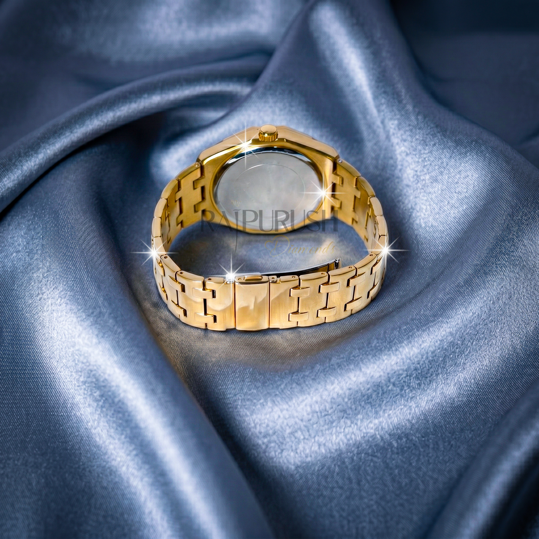luxury two-tone iced-out watch featuring a vibrant green dial, 14k yellow gold accents, and moissanite stones on a stainless steel Watch