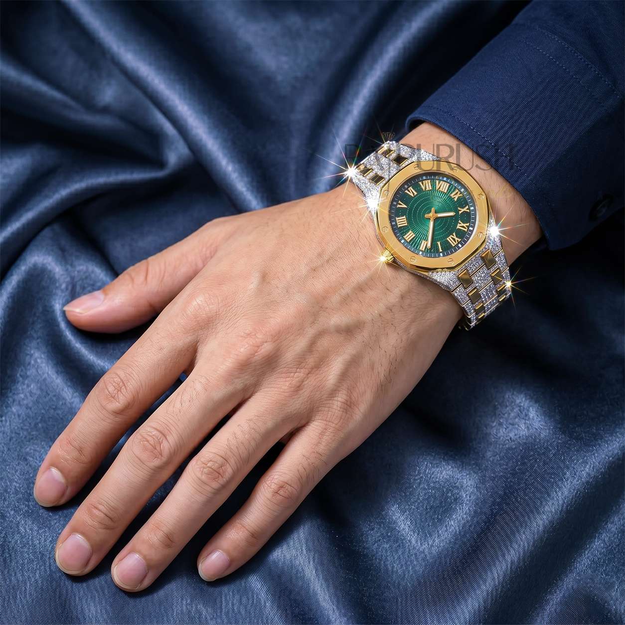 luxury two-tone iced-out watch featuring a vibrant green dial, 14k yellow gold accents, and moissanite stones on a stainless steel Watch