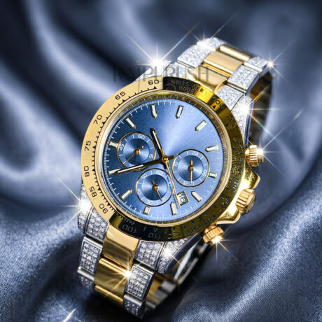 luxury two-tone chronograph watch with a blue dial, 14k yellow gold plating, and pavé moissanite stones on the stainless steel Watch