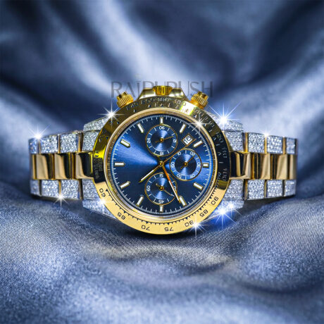 luxury two-tone chronograph watch with a blue dial, 14k yellow gold plating, and pavé moissanite stones on the stainless steel Watch