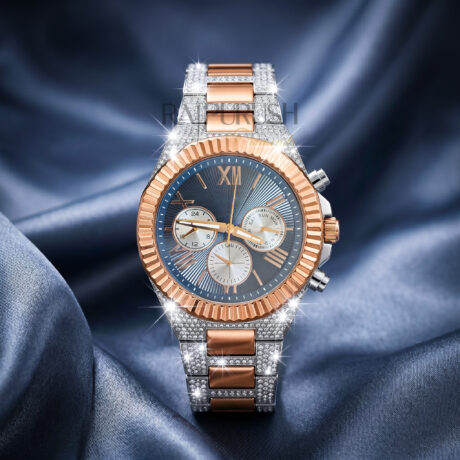luxurious iced out men's two-tone stainless steel watch with high-polished rhodium, rose-gold accents, and full diamond-style setting