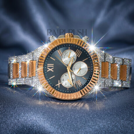 luxurious iced out men's two-tone stainless steel watch with high-polished rhodium, rose-gold accents, and full diamond-style setting